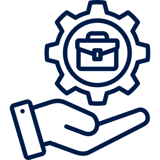 Hand holding gear with briefcase icon.